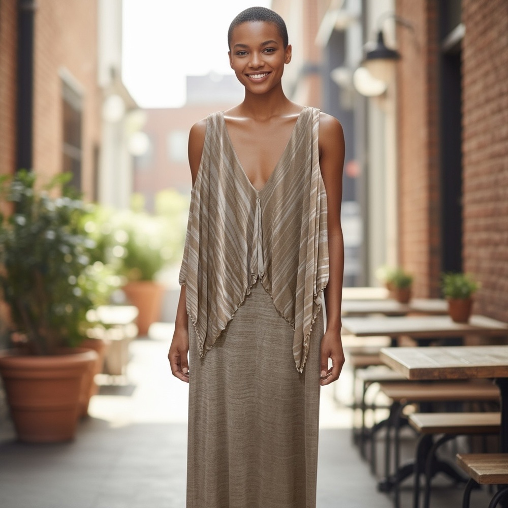 Misook Tan Striped Maxi Dress